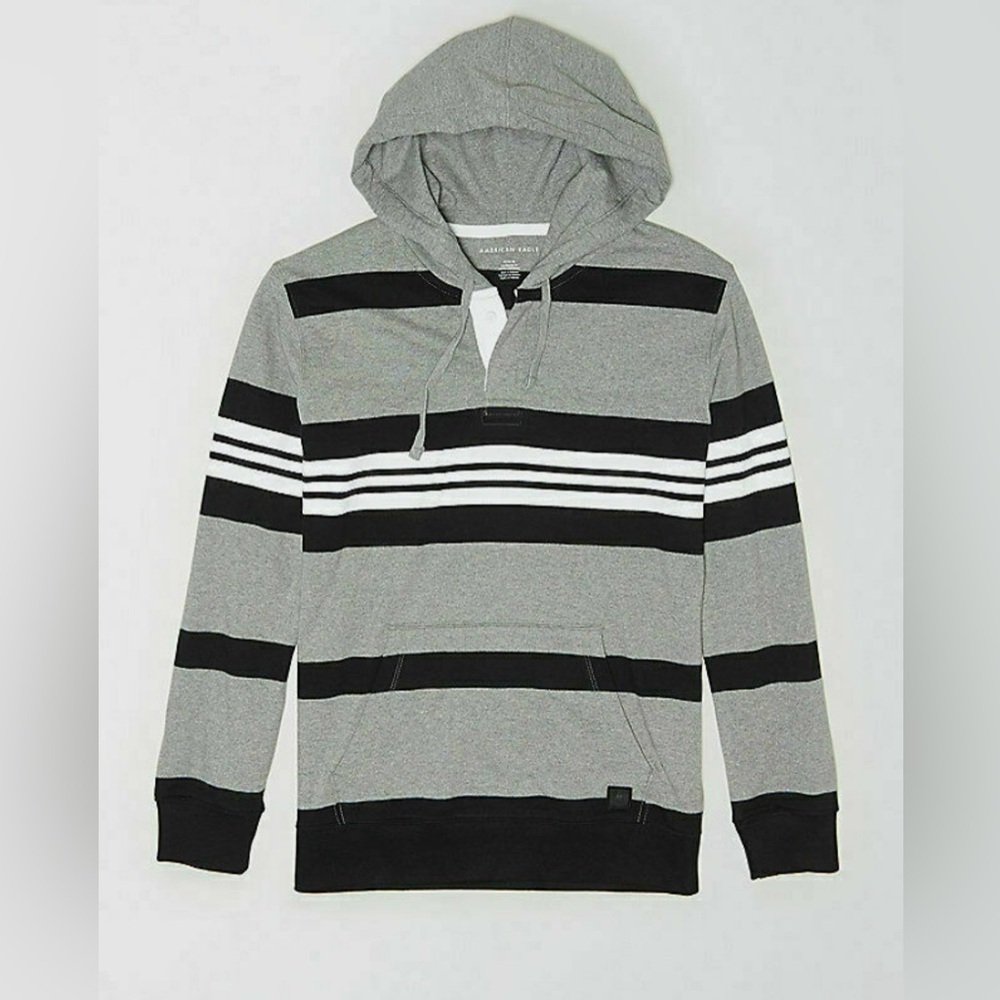 American Eagle Long Sleeve Hooded Rugby Henley Shirt Gray M